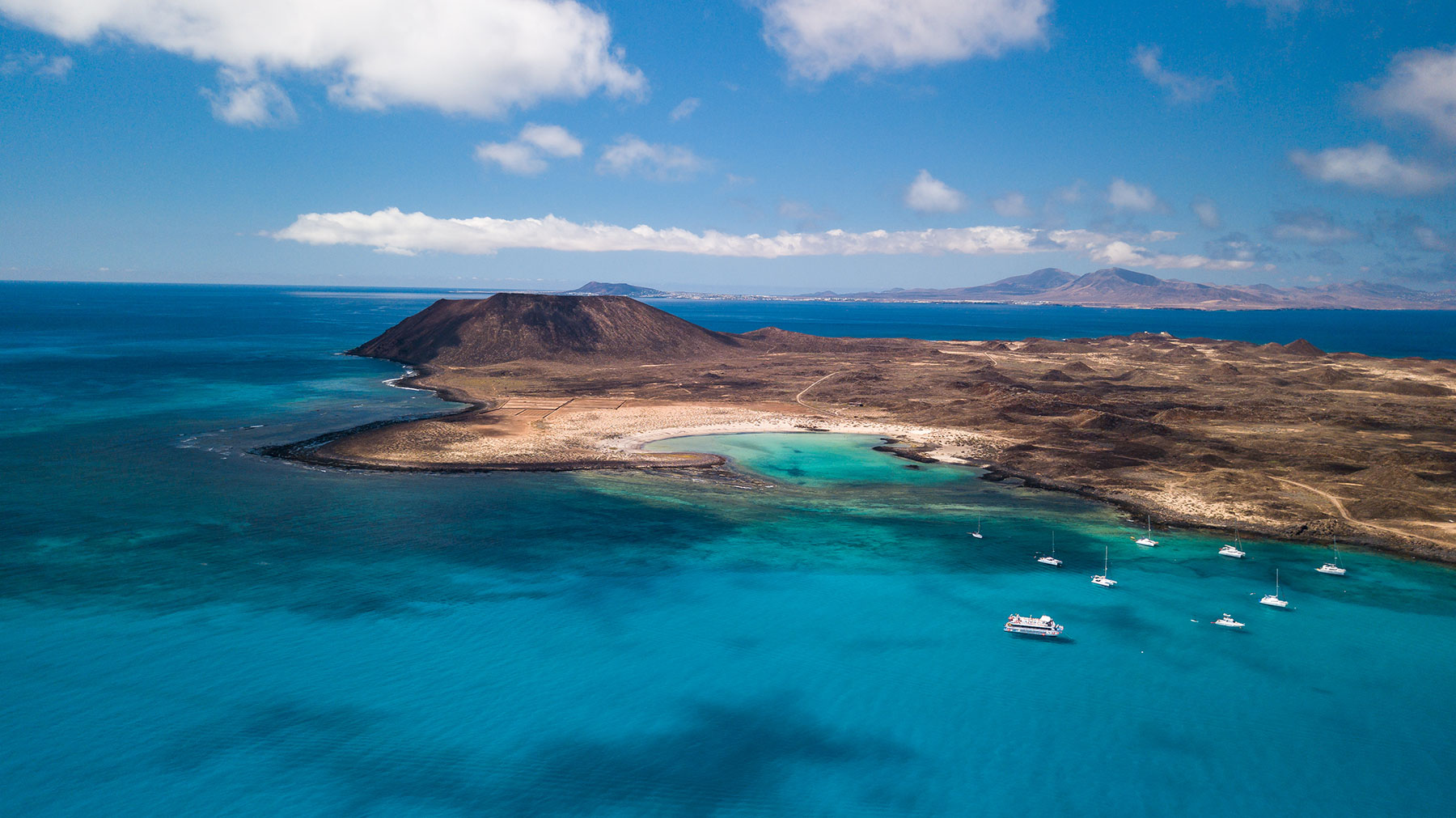 Aerial view of Isla de Lobos showing its volcanic crater and stunning turquoise lagoon